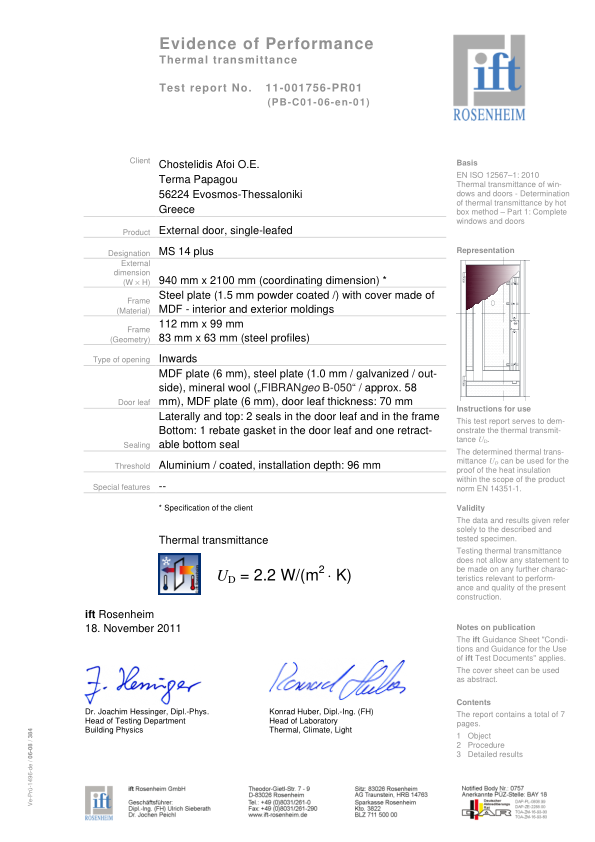 Certificate showing thermal insulation rating and compliance
