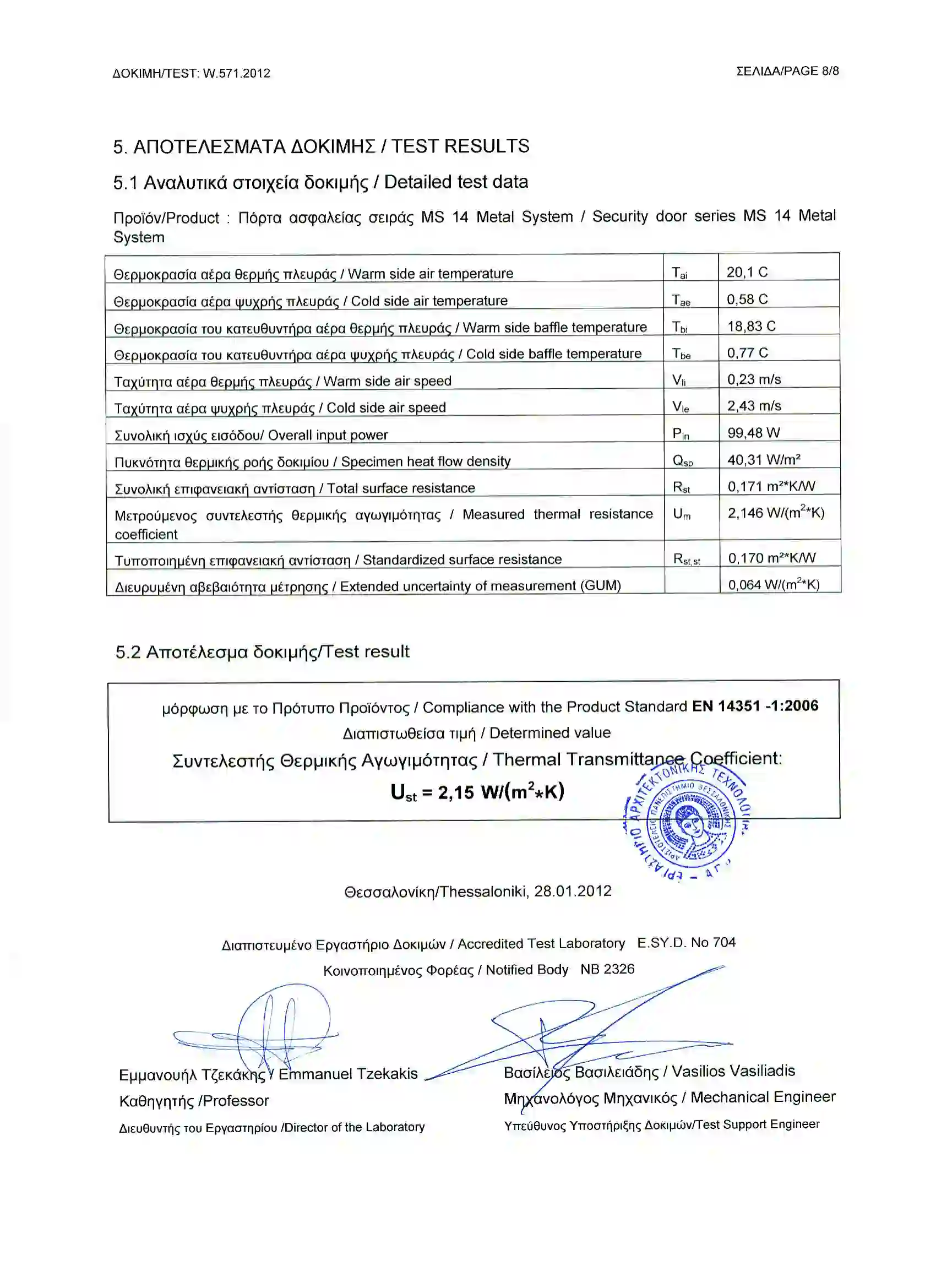 Certificate detailing thermal transmittance values and certification
